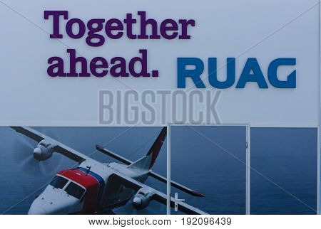 BERLIN GERMANY - JUNE 03 2016: A stand of a Swiss technology company RUAG. Exhibition ILA Berlin Air Show 2016