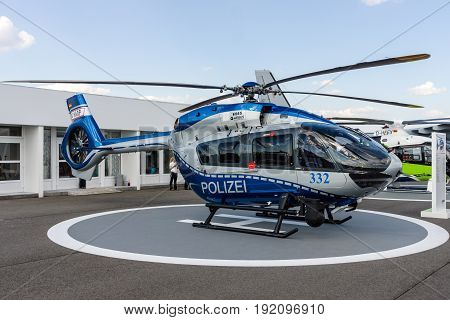 BERLIN GERMANY - JUNE 03 2016: Medium utility helicopter Airbus Helicopters H145 of the German State Police. Exhibition ILA Berlin Air Show 2016