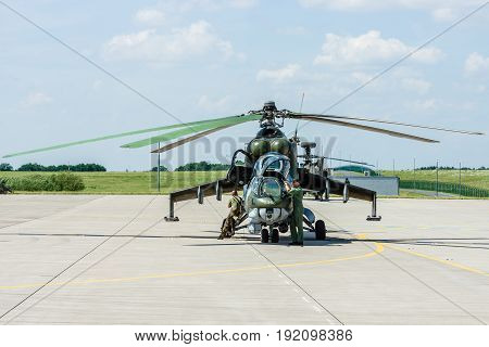 BERLIN GERMANY - JUNE 03 2016: Attack helicopter Mil Mi-24 Hind. Czech Air Force. Exhibition ILA Berlin Air Show 2016