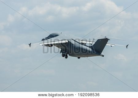 BERLIN GERMANY - JUNE 03 2016: Demonstration flight of military transport aircraft Antonov An-178. Exhibition ILA Berlin Air Show 2016