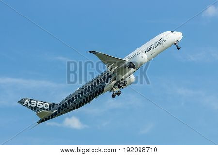 BERLIN GERMANY - JUNE 03 2016: Demonstration flight Airbus A350 XWB. Exhibition ILA Berlin Air Show 2016