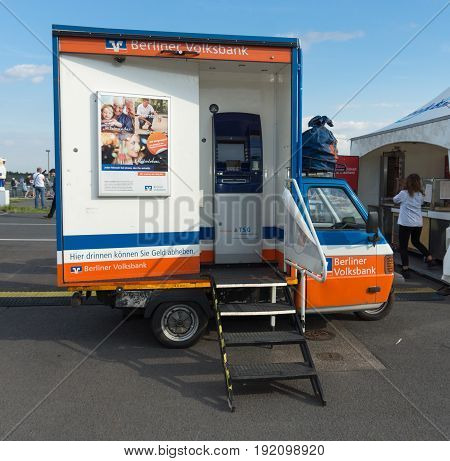 BERLIN GERMANY - JUNE 03 2016: Mobile ATM of the bank 