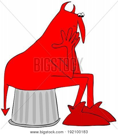 Illustration of a worried red devil sitting on a can propping his head up with hands.
