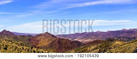 View over the Atlas Mountains from the top of the mountain. Panorama.