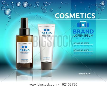 Body serum and cream cosmetics ads template. Hydrating facial or body lotions. Mockup 3D Realistic illustration. Sparkling water drops over blue background