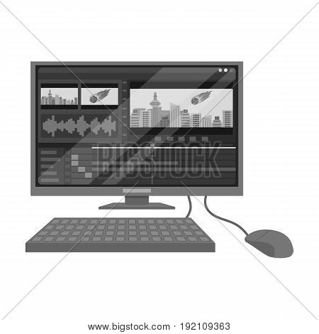 Computer with keyboard.Making movie single icon in monochrome style vector symbol stock illustration .