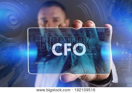 Business, Technology, Internet And Network Concept. Young Businessman Working On A Virtual Screen Of