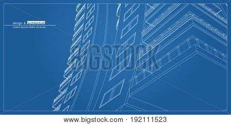 Urbanistic skyscraper. Abstract 3D render of building wire frame structure. construction graphic idea for template design.Modern Building.Perspective city wiev.
