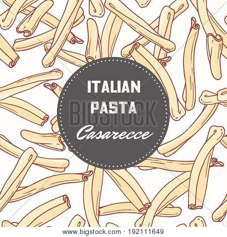 Hand drawn pattern with pasta casarecce. Background for food package design. Vector illustration