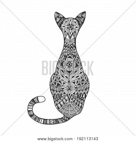Isolated hand drawn black outline monochrome abstract ornate back of cat on white background. Ornament of curve lines. Page of coloring book
