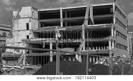 A destroyed building in a big city