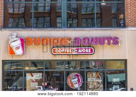 Indianapolis - Circa June 2017: Dunkin' Donuts Retail Location. Dunkin' is America's favorite every day all-day stop for coffee and baked goods VII