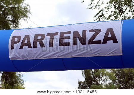 Inflatable Portal With The Big Italian Written Partenza Which Me