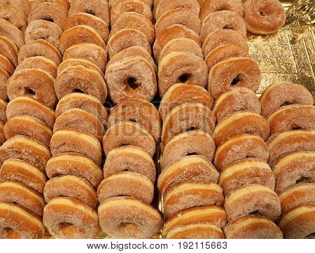 Many Sweet Donuts Stuffed And Not For Sale In Bakery