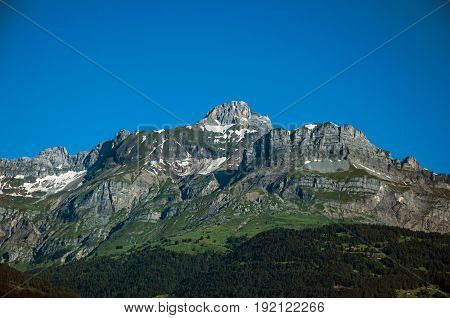 Forest, alpine landscape and blue sky in the background, Saint-Gervais-Les-Bains, French Alps