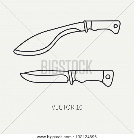Line flat vector hunt and camping icon machete, knife set. Hunter equipment, armament. Retro cartoon style. Wildlife travel. Camouflage. Forest. Nature. Illustration and element your design, wallpaper