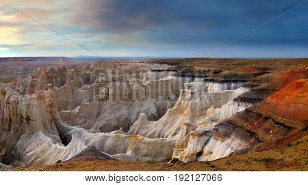 Panoramic view of hoodoos at Coalmine Canyon near Tuba City Arizona. A spectacular and other worldly landscape.