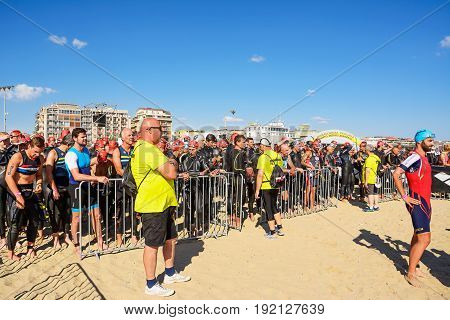 Pescara; Italy - June 18; 2017: Athletes on the starting line at Ironman 70.3 Pescara of June 18; 2017