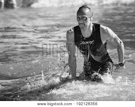Pescara, Italy - June 18, 2017: Arrival of the first athletes at the end of the swimming test at Ironman 70.3 in Pescara