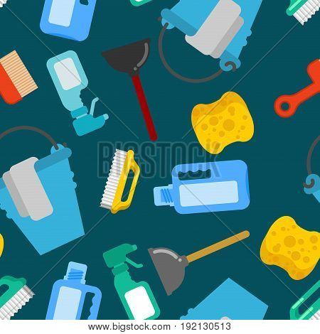 Cleaning Seamless Pattern. Accessories Cleaner Background. Brush And Plunger. Bucket And Floorcloth.