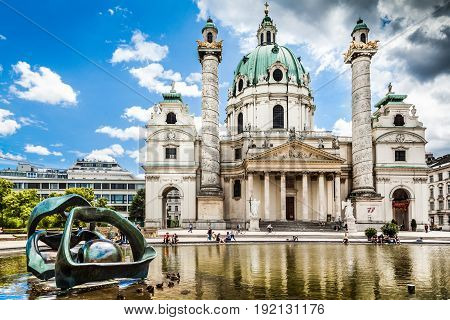 Beautiful View Of Famous Saint Charles's Church (wiener Karlskirche) At Karlsplatz In Vienna, Austri