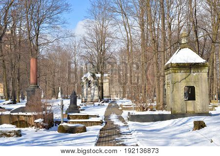 Novodevichye Cemetery at sunny winter day in St.Petersburg Russia. The burial covers the period from the 1850s to the present.