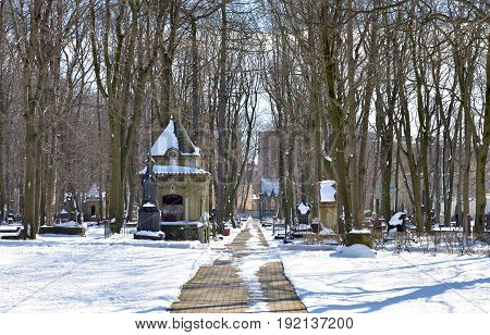 Novodevichye Cemetery at sunny winter day in St.Petersburg Russia. The burial covers the period from the 1850s to the present.