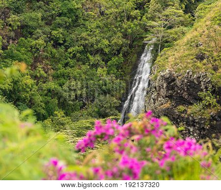 Sun illuminates the twin falls of Opaekaa waterfall on Hawaiian island of Kauai