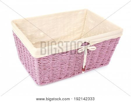 Empty wicker bread basket isolated on white