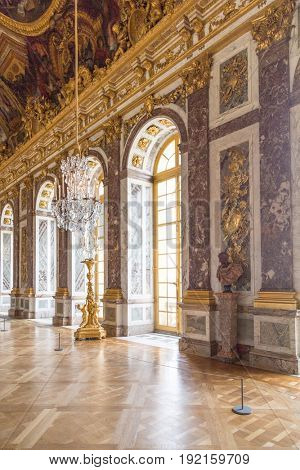 Paris, France, March 28 2017: Mirror's hall of Versailles Chateau France