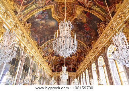 Paris, France, March 28 2017: Mirror's hall of Versailles Chateau France