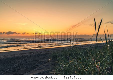 Image of a beach overlooking the ocean at sunset.