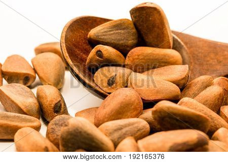 Forest pine nuts and a wooden spoon close-up at a white background