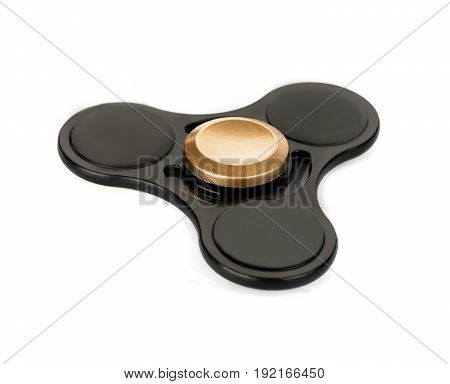 Black fidget spinner stress relieving toy isolated on white background