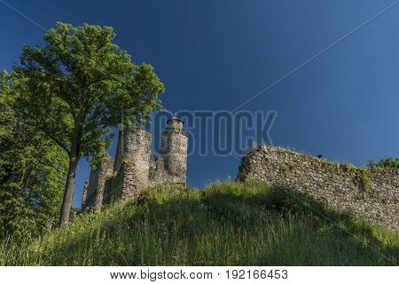 Sukoslav castle with dark blue sky and big old tower
