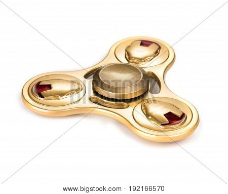 golden fidget spinner stress relieving toy isolated on white background
