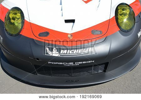 LE MANS FRANCE - JUNE 18 2017: Exposition of Porsche 911 RSR of Porsche GT Team during the 24 hours of Le mans circuit