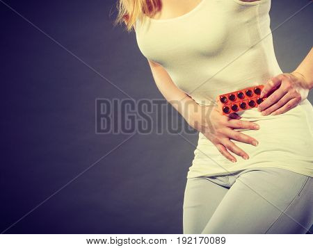 Woman Suffer From Belly Pain Holds Pills