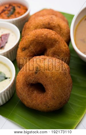 south indian food called vada sambar or sambar vada or wada, served with coconut, green and red chutney over fresg banana leaf, selective focus