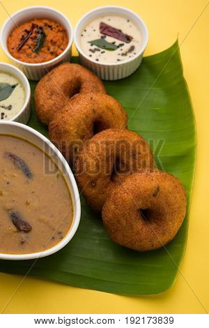 south indian food called vada sambar or sambar vada or wada, served with coconut, green and red chutney over fresg banana leaf, selective focus