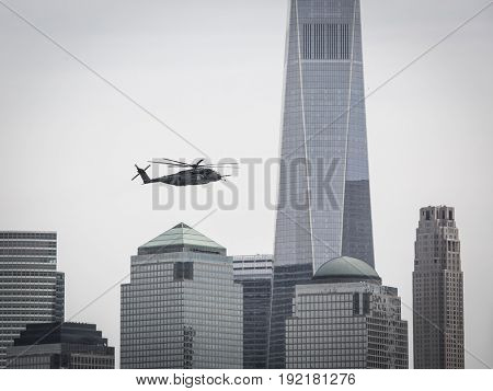 US Navy MH-53E Sea Dragon helicopter flies above Liberty State Park after parachute jump by the U.S. Navy SEALS Parachute Team Leap Frogs during Fleet Week 2017, JERSEY CITY NJ MAY 28 2017