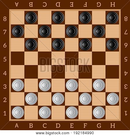 Checkers. Ancient Intellectual board game. Chess board. White and black chips. Vector Image