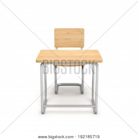 3d rendering of a school desk and chair both are made of iron and light wood isolated on white background. Teaching class. Students and pupils. Furniture for school.