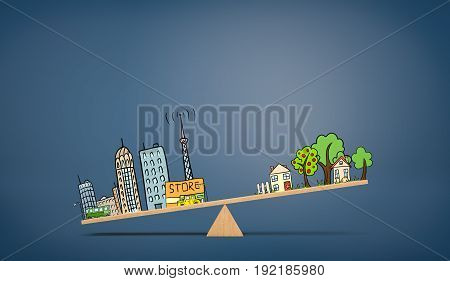 A wooden seesaw on blue background with an illustration of urban life overweighing a drawing of country houses. City life. Suburban house. Living close to work.