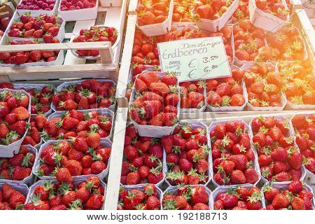 Organic strawberries shop at morning market.Vibrant color & Sun effect