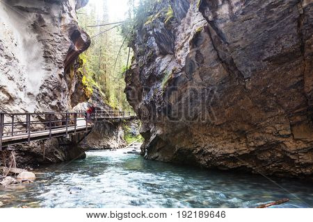 Johnston Canyon in Banff NP, Canada. Beautiful natural landscapes in British Columbia. Summer season.