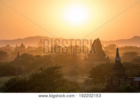 Beautiful landscape of ancient pagoda and temple in Bagan archaeological site at sunset famous destination in Mandalay Region Myanmar (Burma) and Southeast Asia