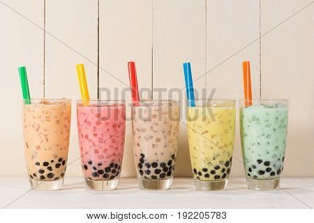 Boba / Bubble Tea. Homemade Various Milk Tea With Pearls On Wooden Table.