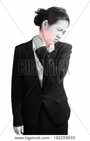 Acute Pain And Sore Throat Symptom In A Businesswoman Isolated On White Background. Clipping Path On