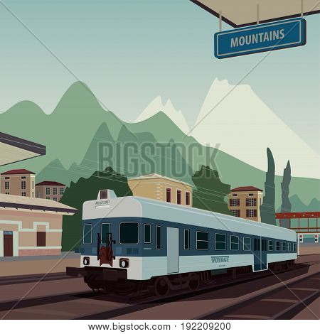 Old Train At Railway Station Of European Town
